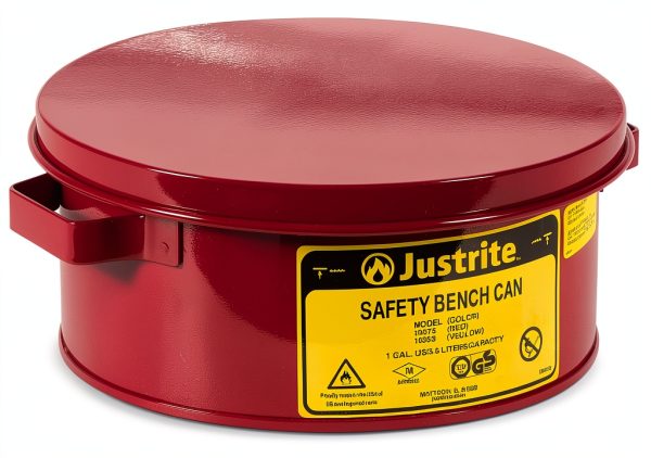 Justrite 10375 1 Gallon, 4 1/2" H, 9 3/8" O.D, 7 1/2" Diameter, Steel Red Safety Bench Can-0