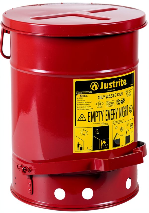 Justrite 6 Gallon Galvanized Steel Oily Waste Can, Red 09108-0